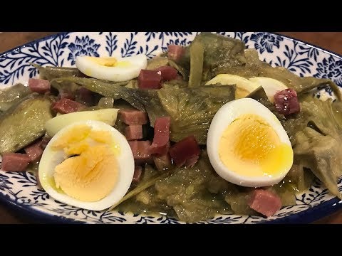 Alcachofas de bote con jamón y huevo