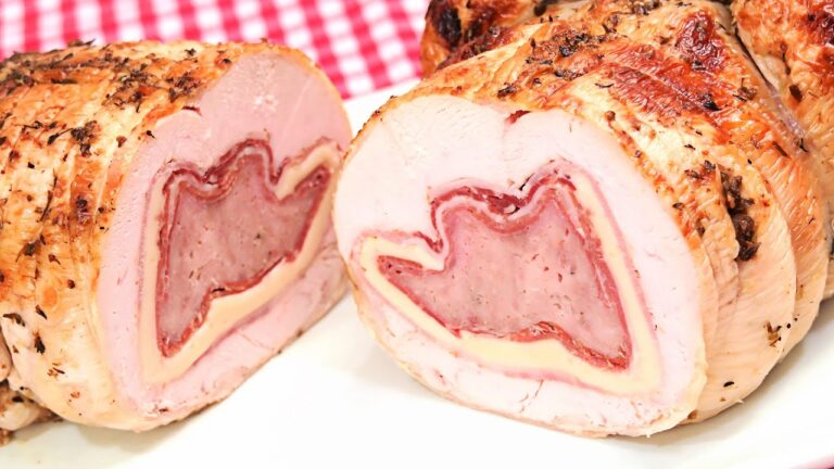 Roti de pollo relleno de jamon y queso al horno