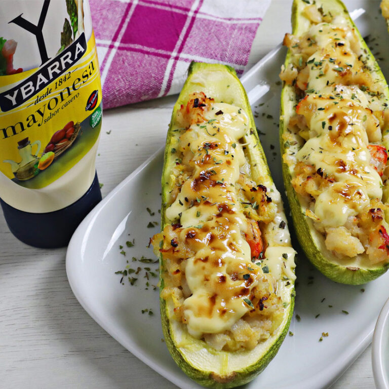 Calabacines rellenos de merluza y gambas
